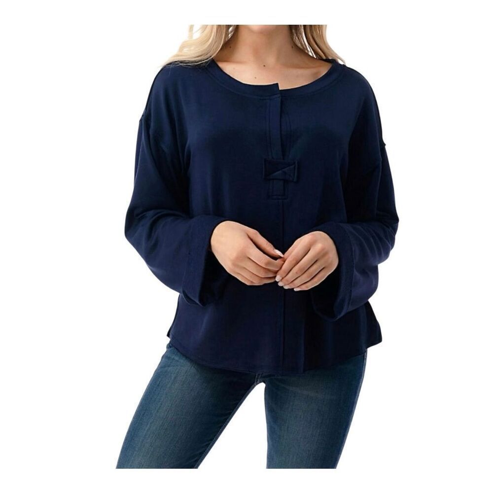 Ariella NWT navy blue clasp detail bell sleeve Henley size L